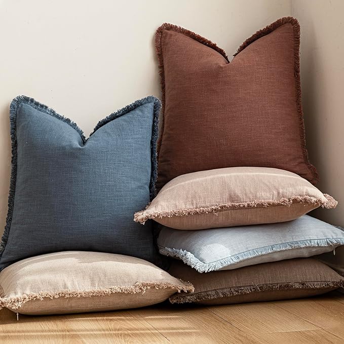 Foindtower Set of 2 Decorative Linen Fringe Lumbar Throw Pillow Covers Farmhouse Cushion Cover with Tassels Accent Pillowcase for Couch Sofa Bed Living Room Home Decor,12×24 Inch,Dark Blue