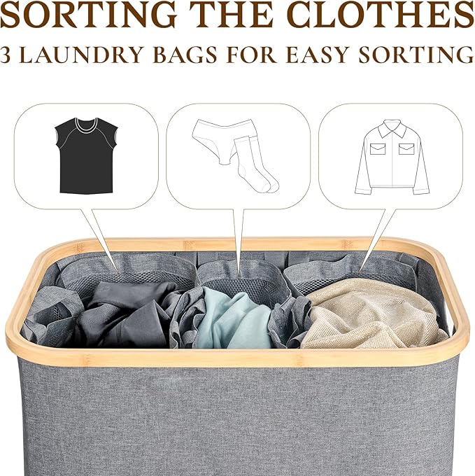 Foldable Laundry Hamper with Lid, Double Laundry Hamper, 3 Section Extra-large Laundry Basket with Bamboo Handles for Bathroom, Bedroom & Laundry Room, 160L Grey