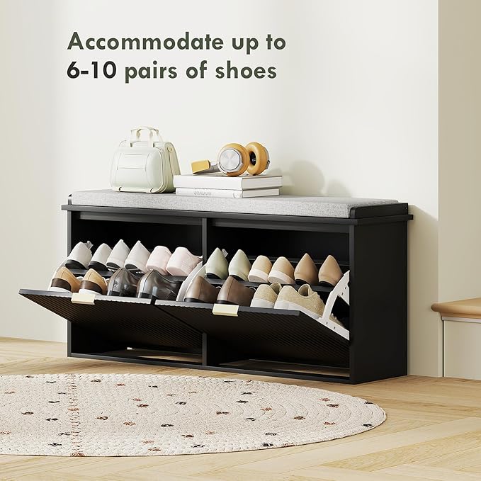 HOMCOM Shoe Bench with Padded Seat Cushion and 2 Flip-Drawers, Entryway Bench Holds up to 529lb, Shoe Cabinet, 40.9x10.2x18.7 Inches, Black