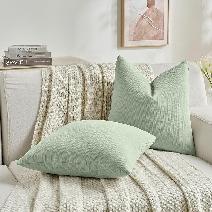 FUTEI Sage Green Decorative Throw Pillow Covers 20x20 Inch Set of 2,Soft Cozy Wheat Ear Striped Patterns Cushion Cases,Modern Home Decor for Couch Bed Living Room