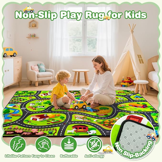 Kids Farm Play Rug, 4x6 Ft Happy Farm Activity Playmat, Extra Thick (0.4in) - Non-Slip Car Rugs for Kids' Toy Cars, Educational Play Mat Race Track Carpet for Kid's Room, Bedroom and Learning