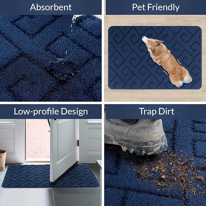 Walensee Indoor Doormat, Front Door Mat for Entrance (36"x59"Navy Blue) Machine Washable Entryway Rug, Non Slip Trapper Door Rugs Absorbent Dirt Low Profile Shoes Scraper Inside Floor Mats