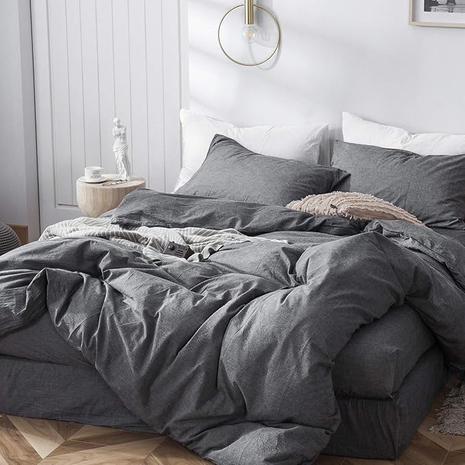 MooMee Bedding Duvet Cover Set 100% Washed Cotton Linen Like Textured Breathable Durable Soft Comfy (Heathered Dark Grey, Super Queen 90"x98")