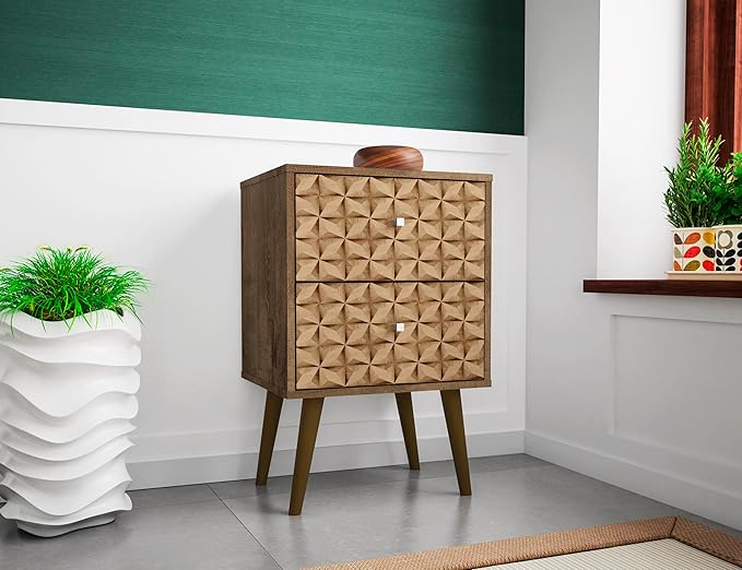 Manhattan Comfort Liberty Mid Century Modern Nightstand with Drawers, Bedside Table for Bedroom and Living Room, Night Stand Accent Decor, Easy Assembly, Brown/Brown