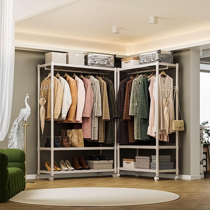 IZEUK Heavy Duty Rolling Clothing Rack with Clothes Hanging Rod, 3-Tier Adjustable Metal Wardrobe Closet Organizer with Side Hooks, Garment Rack on Wheels, 45.3" W x 17.7" D x 70.3" H, Gold
