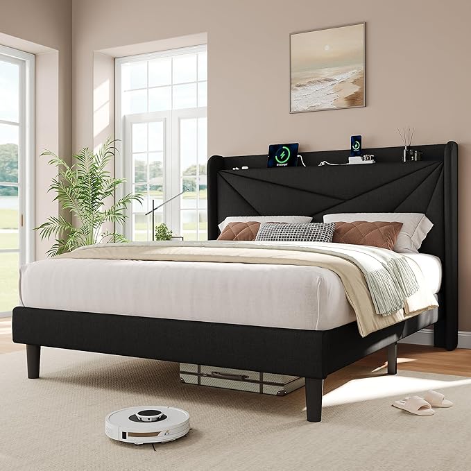 iPormis Full Size Bed Frame with Charging Station, Linen Platform Bed Frame with Wingback Upholstered Headboard, Solid Wood Slats Support, No Box Spring Needed, Easy Assembly, Black
