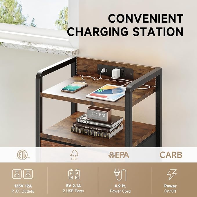 Night Stand Bedside Table Bedroom - Nightstand with Charging Station & LED Light Strip, Bed Side End Table with Storage Shelf & 3 Fabric Drawers, U-S-B Ports & AC Outlets, Rustic Brown