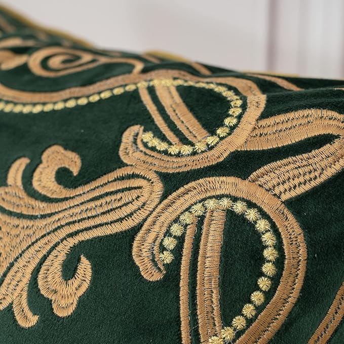 Aeckself European Luxury Velvet Throw Pillow Cover 18 x 18 Inch, Embroidery Floral Pillow Cover Home Decor Pillowcase for Couch Bedroom Living Room, Dark Emerald Green and Gold