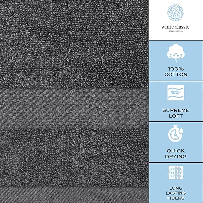 Luxury White Bath Towels Large - 100% Soft Cotton 700 GSM | Absorbent Hotel Bathroom Towel | 27 inch X 54 inch | Set of 4 | Gray