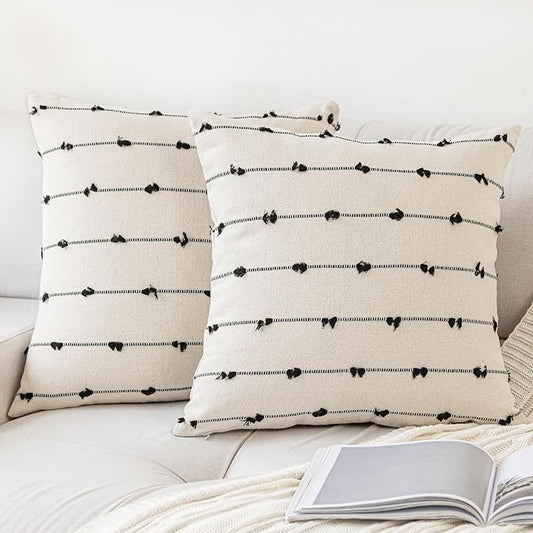Boho Throw Pillow Covers 18x18 Set of 2 Modern Farmhouse Decorative Cushion Case Tufted Square Pillows Cover Neutral Pillow Cases Accent Pillowcase for Sofa,Couch,Bed,Beige and Black