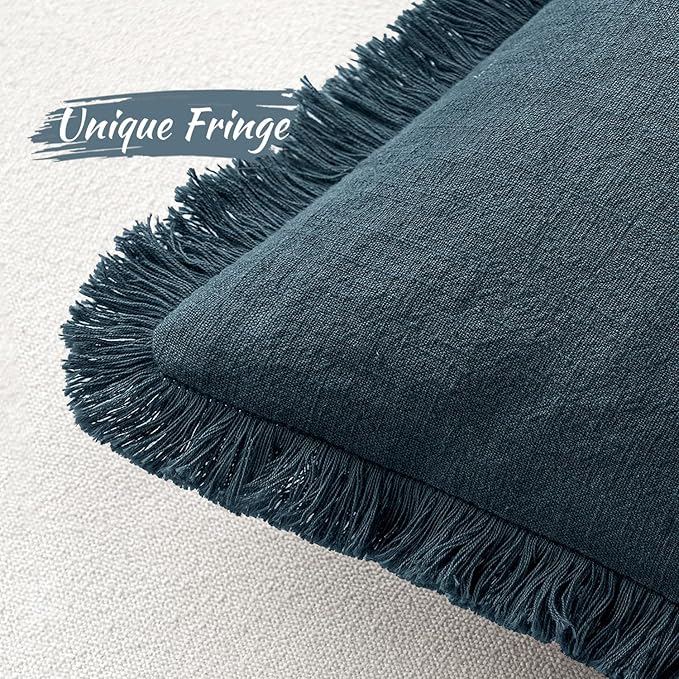 MIULEE Decorative Throw Pillow Covers Neutral Linen Fringe Throw Pillows Euro Shams Set of 2 Navy Blue Boho Farmhouse Cushion Covers for Couch Sofa Bed Living Room Spring Home Decor 24x24 Inch