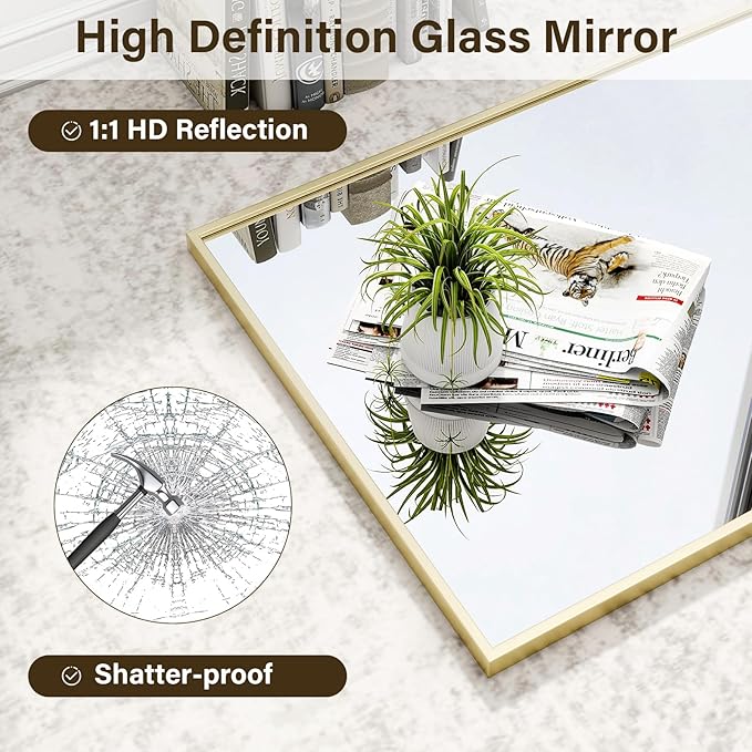 HARRITPURE 28"x20" Framed Bathroom Mirror for Wall Rectangle Mirror Aluminum Alloy Frame Wall-Mounted for Farmhouse Entryway Bedroom Living Room Gold
