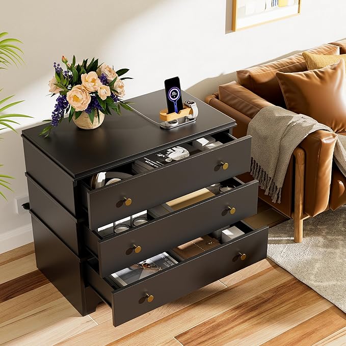 Nightstand with Charging Station, 28" Farmhouse Night Stand & Modern 3 Drawers Dresser for Bedroom,Wood End Table Storage Cabinet for Bedroom Hallway, Entryway, Home Office, Black