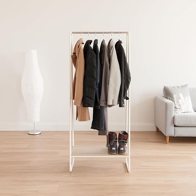 IRIS USA Clothes Rack for Hanging Clothes with Bottom Wood Shelf, Freestanding Clothing Rack, Easy to Assemble Garment Rack, Metal, Sturdy Design, Multipurpose, Small Space Storage Solution, White