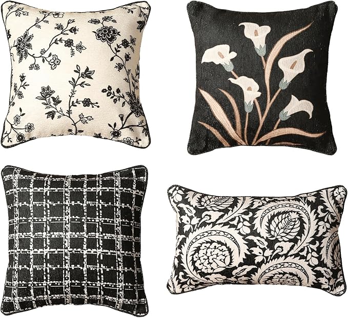 Black Throw Pillow Covers Set of 4,Elegant French with White Floral Pattern Throw Pillow Cases,Decorative Square Lumbar Pillows for Couch Sofa Bed Chair Cushion Covers Living Room