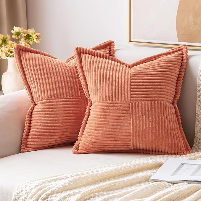 MIULEE Decorative Throw Pillow Covers for Couch Bed Livingroom 16x16 Inch Set of 2 Coral Red Boho Accent Throw Pllows Broadside Striped Patchwork Soft Corduroy Summer Pillowcases