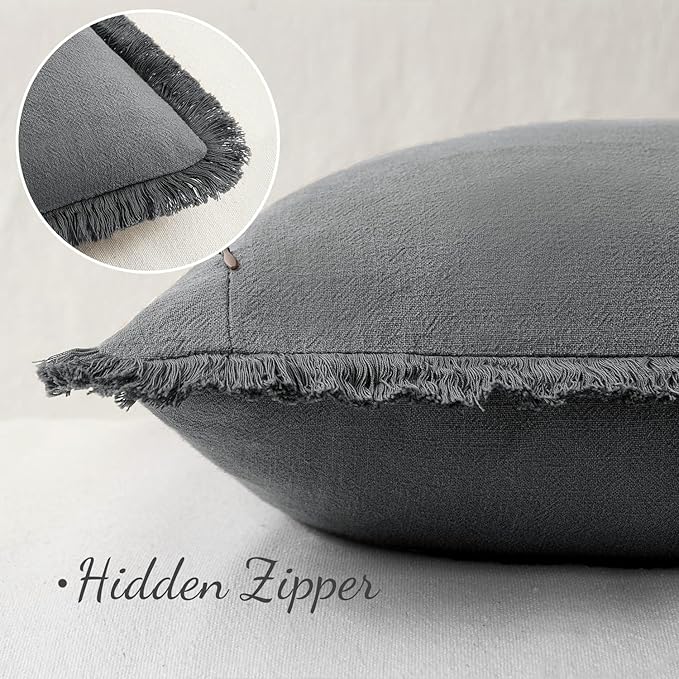 MIULEE Decorative Throw Pillow Covers Neutral Linen Fringe Throw Pillows Set of 2 Dark Grey Boho Farmhouse Cushion Covers with Tassels for Couch Sofa Bed Living Room Spring Home Decor 20x20 Inch