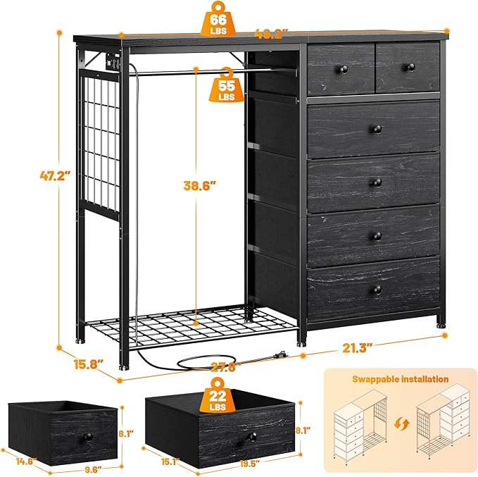 EnHomee 49.2" W Dresser for Bedroom with Hanging Rack 6 Drawers Dresser with LED Lights & Charging Station, Fabric Dressers & Chest of Drawers with Clothes Rack, Wooden Top, Grid Panel, Closet, Black