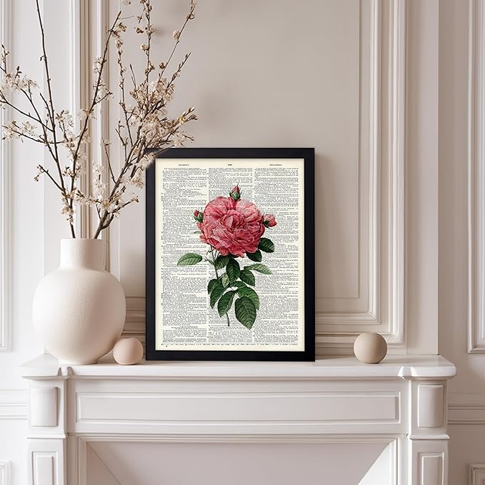 Poster Master Dictionary Art Poster - Pink Roses Print - Flower Art - Floral Art - Gift for Him, Her & Florist - Minimal Decor for Living Room, Bedroom, Dorm or Flower Shop, 11x14 Black Framed