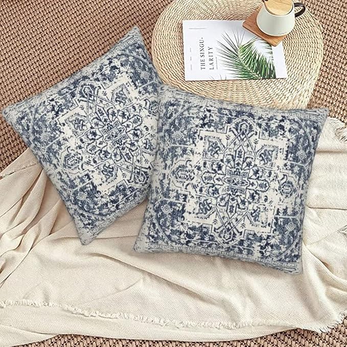 Boho Pillow Covers 20x20 Set of 2, White Navy Blue Carpet Pattern Outdoor Decorative Throw Pillows Ethnic Rustic Farmhouse Cushion Cases Linen Gifts for Couch Sofa Decor