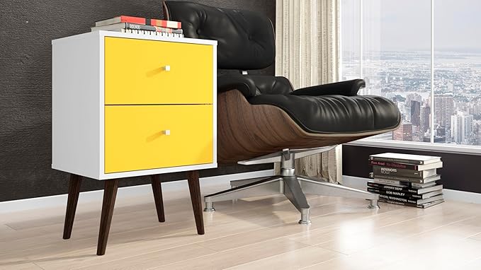 Manhattan Comfort Liberty Mid Century Modern Nightstand with Drawers, Bedside Table for Bedroom and Living Room, Night Stand Accent Decor, Easy Assembly, White/Yellow