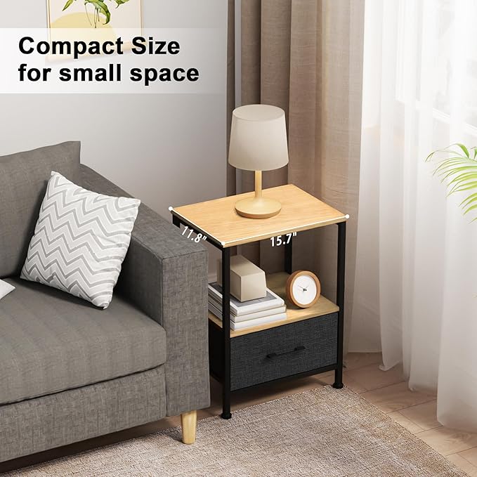 Side Table with Fabric Drawers,2-Tier Nightstand,End Table with Open Shelf for Bedroom, Living Room, Kitchen, Entryway, Natural
