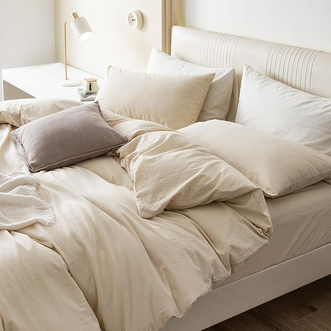 JIYUAN 100% Washed Cotton Duvet Cover Set 3 Pieces Queen, 1 Duvet Cover 90x90 Inches(Comforter Not Included) and 2 Pillowcases,Linen Feel Bedding Set Comfy and Breathable,Heathered Beige