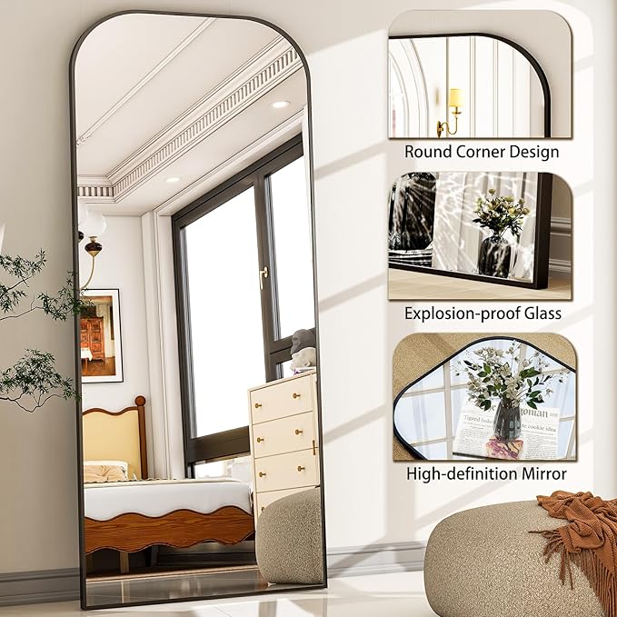 HARRITPURE 71"x26" Full Length Mirror Full Body Mirror Top Rounded Corner Aluminum Frame Hanging or Leaning Wall Floor Mirror with Stand for Living Room Bedroom Cloakroom,Black