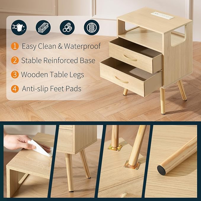 Yoobure LED Night Stand with Charger Station, Mid Century Modern Nightstand with Fabric Drawers, Bedside Table Nightstands with Storage Shelf, Bed Side Table Small Night Stands for Bedroom Living Room