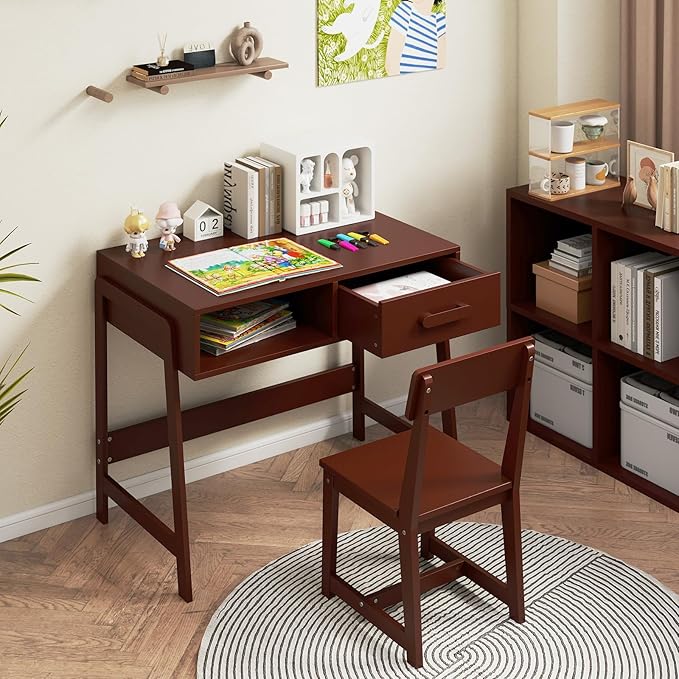 HONEY JOY Kids Desk and Chair Set, Wooden Children School Study Table and Chair w/Storage Drawer & Hutch, Student Writing Desk Computer Workstation for Bedroom, Gift for 3+ Years Old (Brown)
