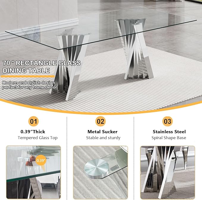 Goujxcy 70" Glass Dining Table Set for 8, Modern Silver Dining Table Set with 8 Beige Velvet Upholstered Dining Chairs, 9 Piece Kitchen Dining Room Table Set with Stainless Steel Legs