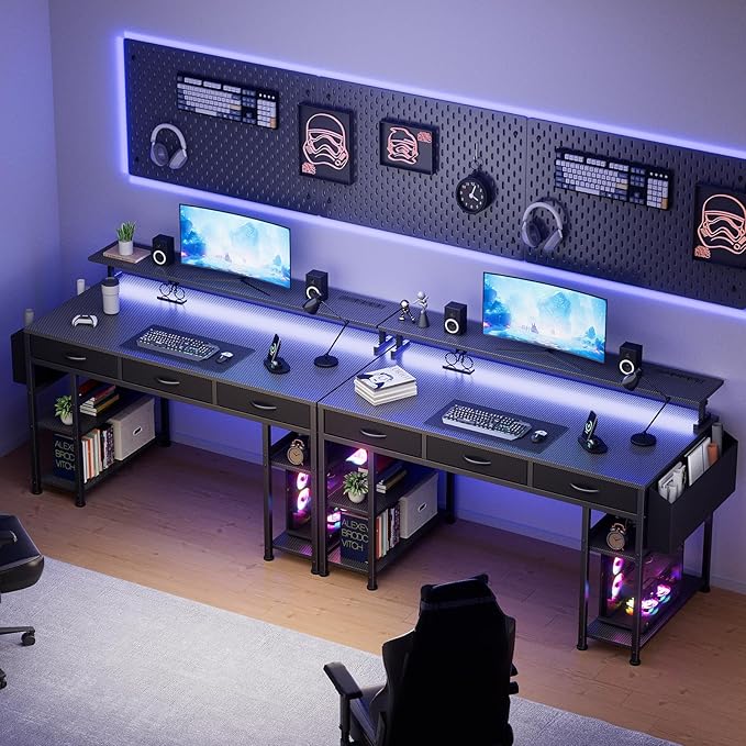 Black Gaming Desk with LED Lights and Power Outlets, 55 Inch Computer Desk with 3 Drawers and Adjustable Monitor Stand, Home Office Desks with Charging Station USB Port, Study Writing Table