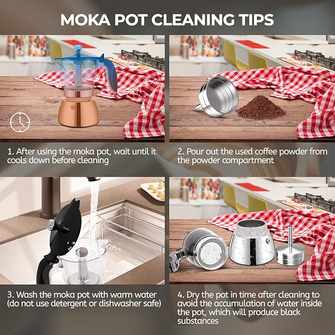 Clear Plastic Moka Pot 6 Cup 300ml Stainless Steel Coffee Maker Uncoated Stovetop Espresso Coffeemaker Italian Classic Style Brewing Greca Cafe Mocha Machine for Cafeteras Camping Travel Home Use