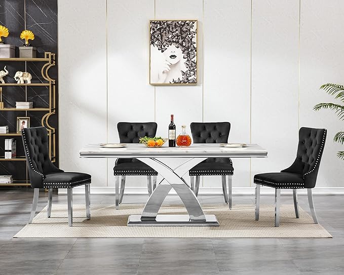 Goujxcy 7-Piece Dining Table Set Modern Faux Marble Dining Table Set for 6, Luxury 68" Long Faux Marble Kitchen Table with 6 Velvet Upholstered Chairs & Mirrored Stainless Steel Base