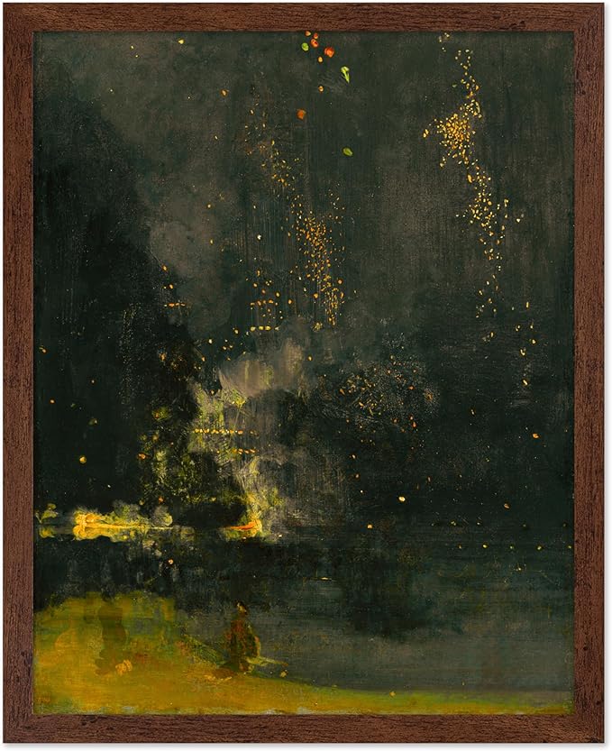 Poster Master Vintage Nocturne in Black and Gold Painting Poster - Retro The Falling Rocket Print - Abstract Art - Moody Art - Landscape Art - Office or Living Room Decor, 11x14 Brown Framed