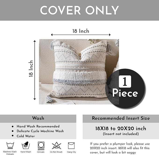 Gray Decorative Throw Pillow Cover 18x18 Square Boho Neutral White Accent Pillowcase Tassels Farmhouse Cushion for Couch Sofa Bedroom Living Room Home Décor (Cover ONLY, Pack of 1)
