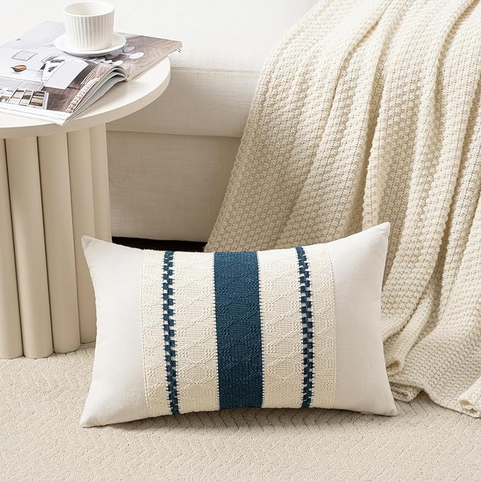 Fancy Homi Set of 2 Boho Teal Lumbar Decorative Throw Pillow Cover 12x20 Inch for Couch Bed Sofa Chair, Modern Organic Farmhouse Home Decor, Soft Cotton Cute Accent Rectangle Cushion Case