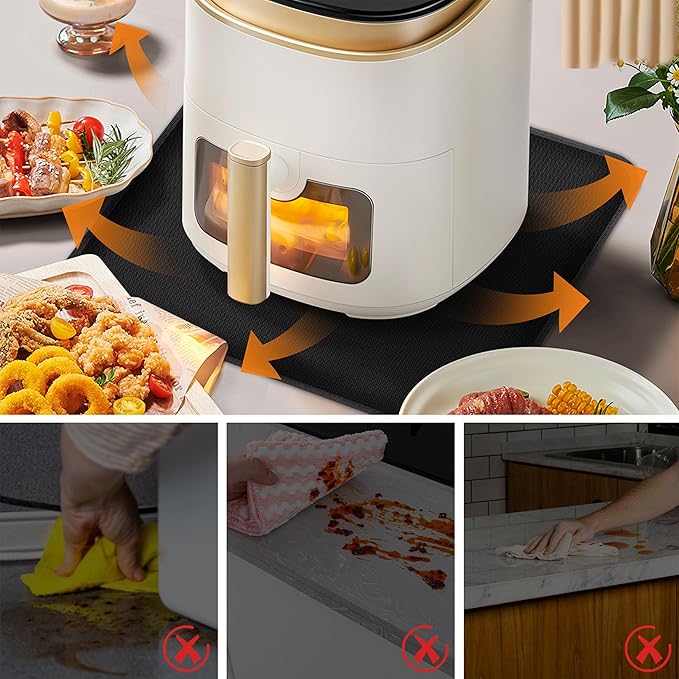 Heat Resistant Mat for Air Fryer Site - 15.7 x 14.9in, Fireproof Silicone Mats for Kitchen Counter, Countertop Protector, Non-slip & Waterproof for Deep Fryer, Oven, Coffee machine (Black)
