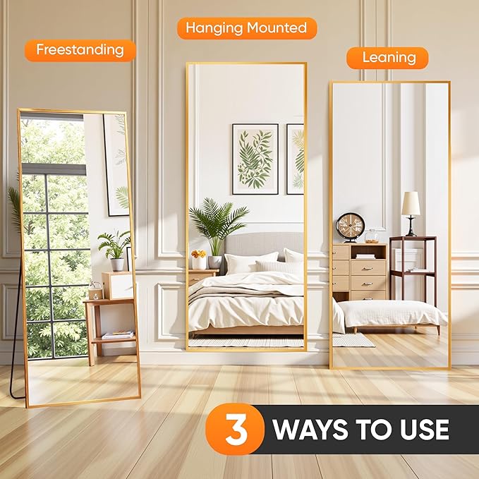 Suidia Full Length Mirror, 58"x21" Floor Standing Mirror Freestanding, Full Body Mirrors with Stand for Bedroom, Hanging Mounted for Living Room Cloakroom, Gold, Rectangular Style