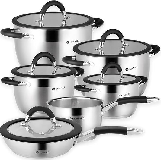 Daniks Orlando Frying Pan With Lid Included, 11-Piece Stainless Steel Induction Cookware Set, Dishwasher Safe, Glass Lids, Heatproof Handles, Measuring Scale, Silver