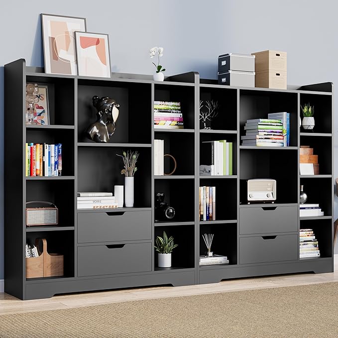 Cozy Castle Kids Bookshelf with Storage, Toy Storage Organizer with 2 Drawers and 10 Cubes 4-Tier Bookcase for Bedroom, Playroom, Hallway, Living Room(Black)