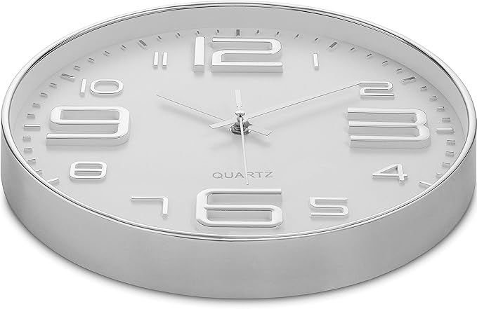 Bernhard Products Silver Wall Clock 12 Inch Silent Non-Ticking Quality Quartz Battery Operated Round White Decorative Modern Design for Home/Office/Kitchen/Bedroom/Living Room (Silver & White)