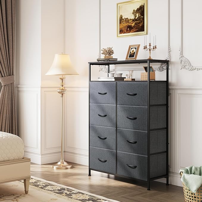 WLIVE Fabric Dresser for Bedroom with Open Shelves, Tall Dresser with 8 Drawers, Storage Tower with Fabric Bins, Chest of Drawers for Closet, Living Room, Hallway, Charcoal Gray