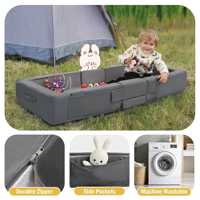 ENITYA Toddler Travel Bed, Folding Floor Cot for Travel, Portable Kids Bed for Sleeping, Washable Toddler Cot for Children 18M – 5yr Old, Grey