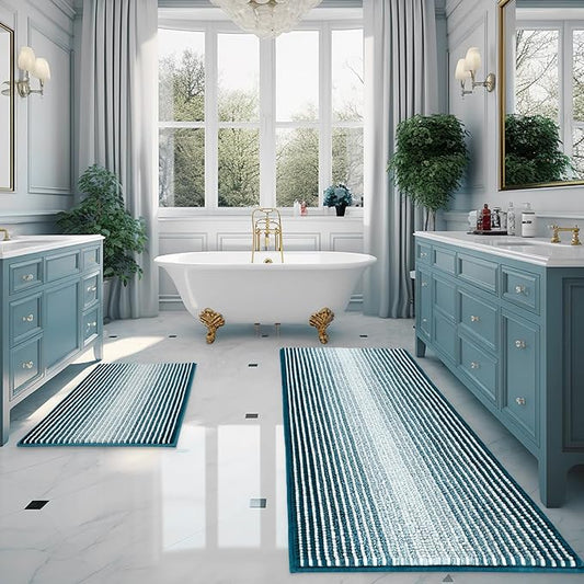 BSICPRO Bathroom Rugs and Mats Sets, 2 Piece Thick Absorbent Chenille Bath Mat Rug Set Non Slip, Soft Shaggy Bath Room Floor Mats for Bathroom, Machine Washable (Teal, 24" x 70" Plus 20" x 32")