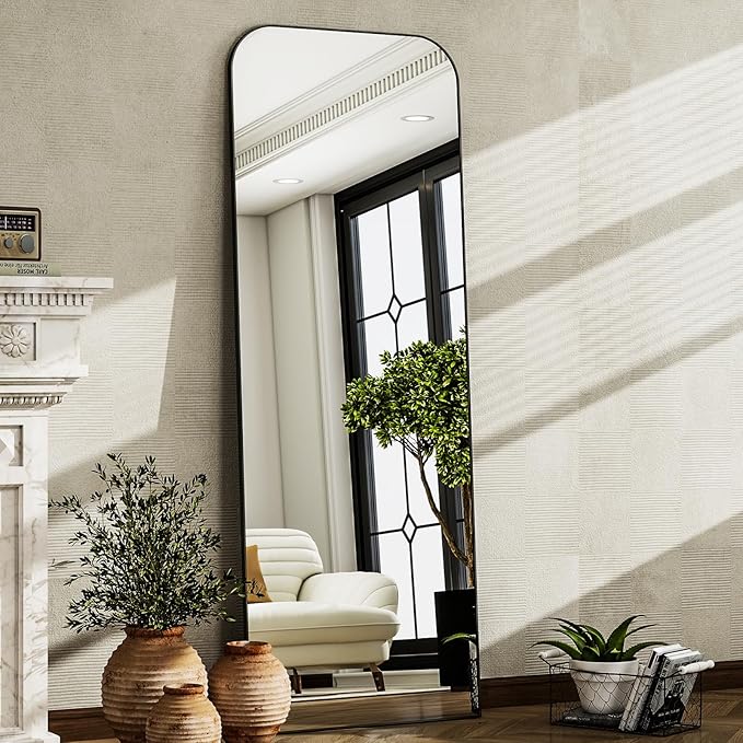 HARRITPURE 57"x20" Full Length Mirror Full Body Mirror Top Rounded Corner Aluminum Frame Hanging or Leaning Wall Floor Mirror with Stand for Living Room Bedroom Cloakroom,Black