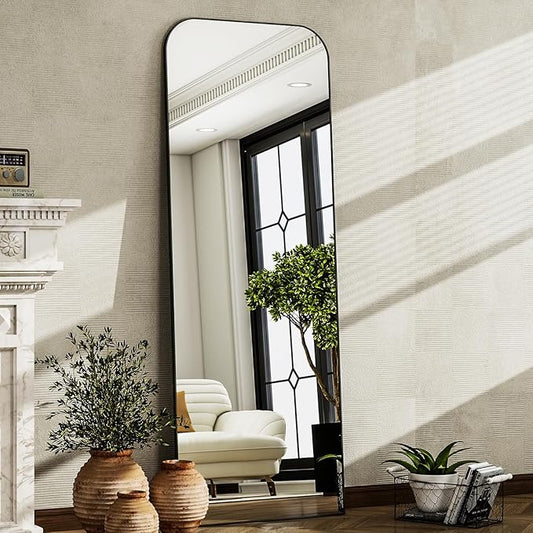 HARRITPURE 57"x20" Full Length Mirror Full Body Mirror Top Rounded Corner Aluminum Frame Hanging or Leaning Wall Floor Mirror with Stand for Living Room Bedroom Cloakroom,Black