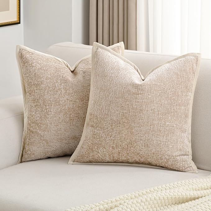FUTEI Oatmeal Chenille Throw Pillow Covers 18x18 Inch Set of 2,Soft Cozy Bound Edge Design Cushion Case,Home Decor for Couch Bed Living Room