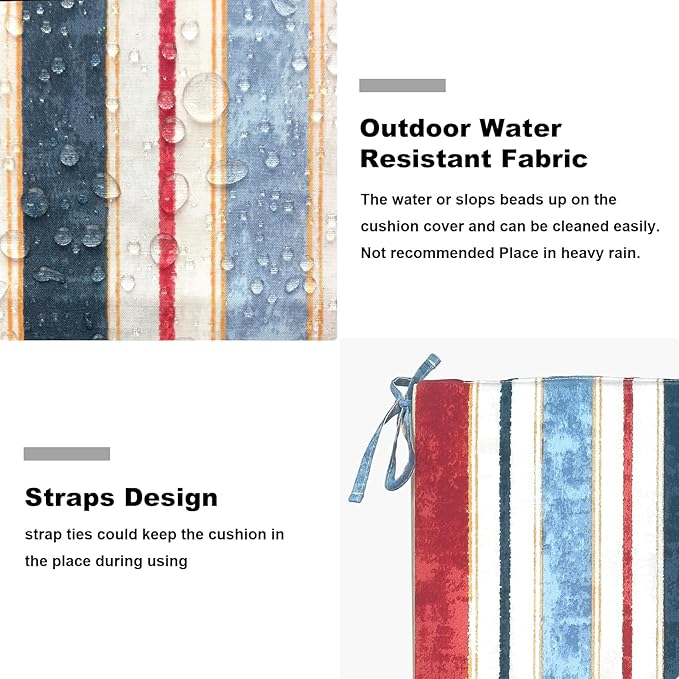 Set of 4 Outdoor Square Chair Cushions 18.5"x16"x2" for Patio, Water Resistant Patio Dining Seat Pads Replacement for Kitchen Garden and Outdoor Furniture Decoration - Stripe Red Blue