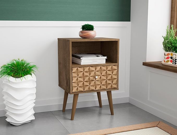 Manhattan Comfort Liberty Mid Century Modern Nightstand with Drawer and Cubby, Bedside Table for Bedroom and Living Room, Night Stand Accent Decor, Easy Assembly, Brown/Brown